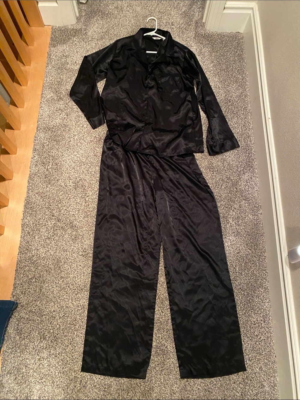 Adonna Black Satin Pajama Set - Button-Up Top & Wide-Leg Pants